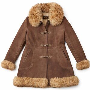Vintage 70s Shearling Duffle Coat Penny Lane Brown Suede Fur Trim Women’s M/L